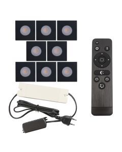 8 spots encastrés veranda carrés noir Dico, IP65, avec kit de connexion et télécommande