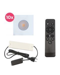 10 spots encastrés veranda carrés blanc Dico, IP65, avec kit de connexion et télécommande