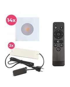 14 spots encastrés veranda carrés blanc Dico, IP65, avec kit de connexion et télécommande