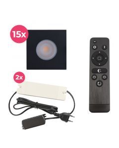 15 spots encastrés veranda carrés noir Dico, IP65, avec kit de connexion et télécommande