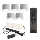 5 spots en saillie veranda ronds blancs Vasso, IP44, avec kit de connexion et télécommande