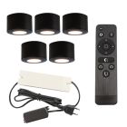5 spots en saillie veranda ronds noirs Vasso, IP44, avec kit de connexion et télécommande