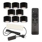 8 spots en saillie veranda ronds noirs Vasso, IP44, avec kit de connexion et télécommande