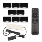 8 spots en saillie veranda carrés noirs Fredo, IP44, avec kit de connexion et télécommande