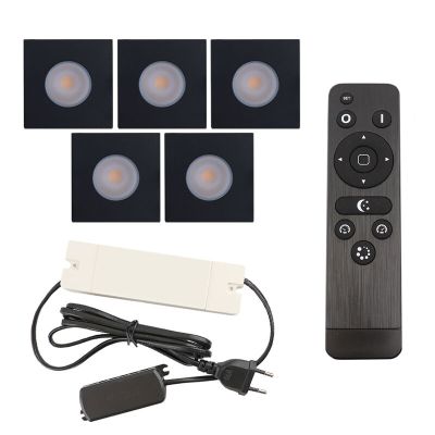 5 spots encastrés veranda carrés noir Dico, IP65, avec kit de connexion et télécommande