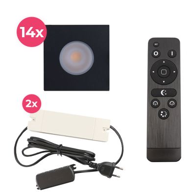 14 spots encastrés veranda carrés noir Dico, IP65, avec kit de connexion et télécommande