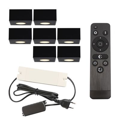 7 spots en saillie veranda carrés noirs Fredo, IP44, avec kit de connexion et télécommande