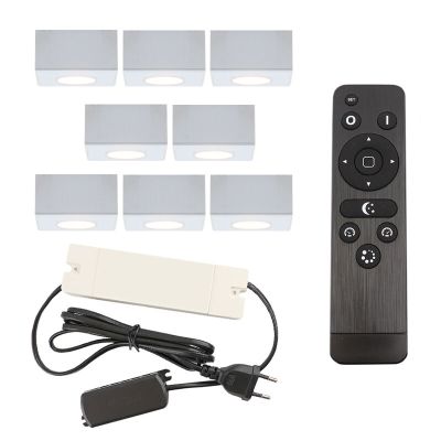 8 spots en saillie veranda carrés blancs Fredo, IP44, avec kit de connexion et télécommande