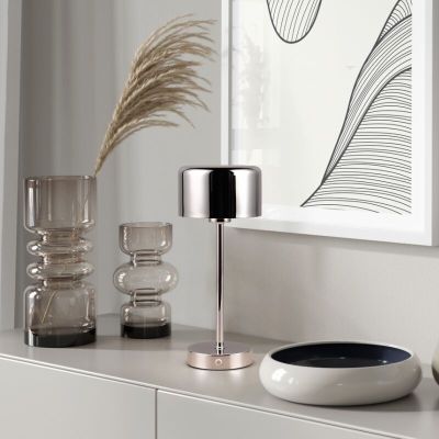 Lampe de table rechargeable moderne chromée, Dustin, 1W, 3000K LED, avec variateur tactile