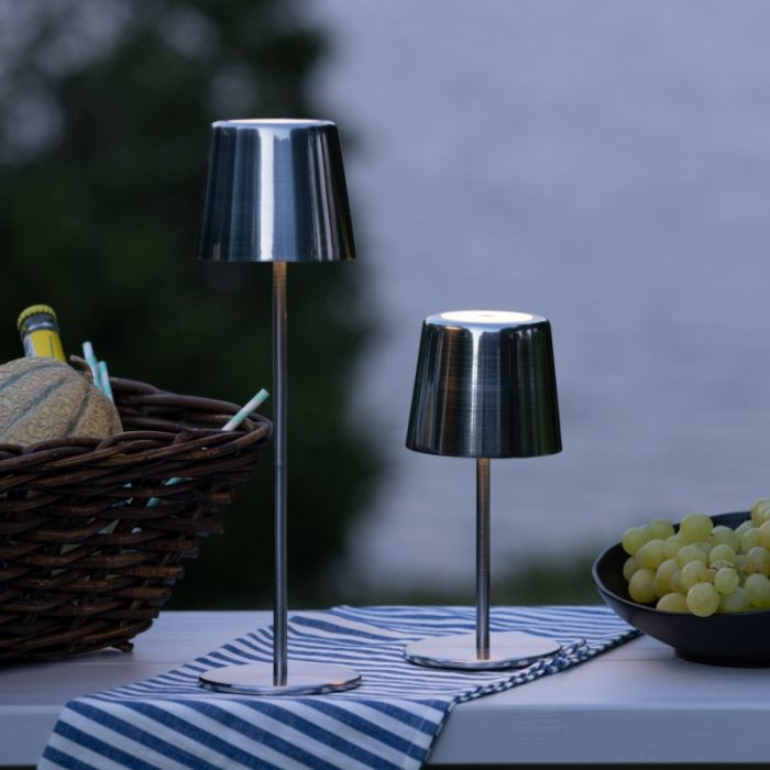 Lampe de table d'extérieur rechargeable nickel moderne, Skander, 4W, blanc chaud à froid réglable LED, IP44, avec variateur tactile