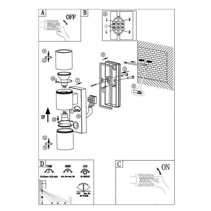 Applique extérieur avec détecteur de mouvement anthracite en métal, Marlies, IP44