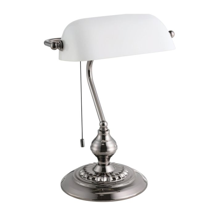 Lampe de banquier nickel en acier, Lugco, avec interrupteur à tirette