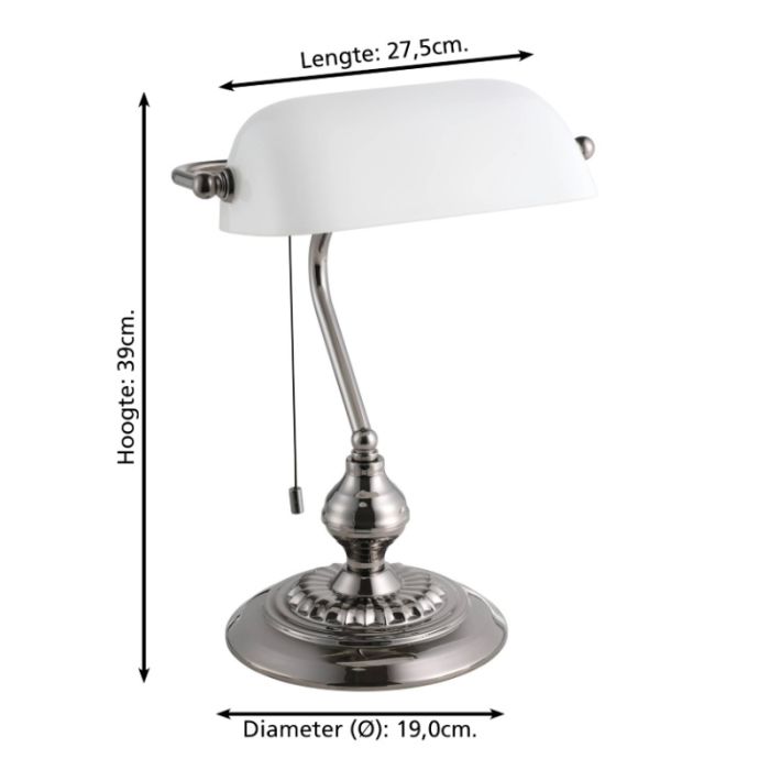 Lampe de banquier nickel en acier, Lugco, avec interrupteur à tirette