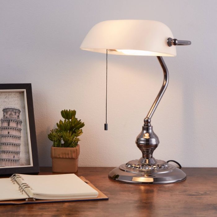 Lampe de banquier nickel en acier, Lugco, avec interrupteur à tirette