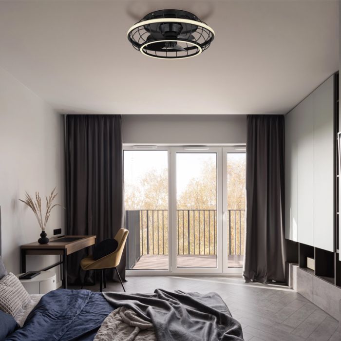 Ventilateur de plafond noir en métal, Jorne, 30W, blanc chaud à froid réglable LED, avec télécommande