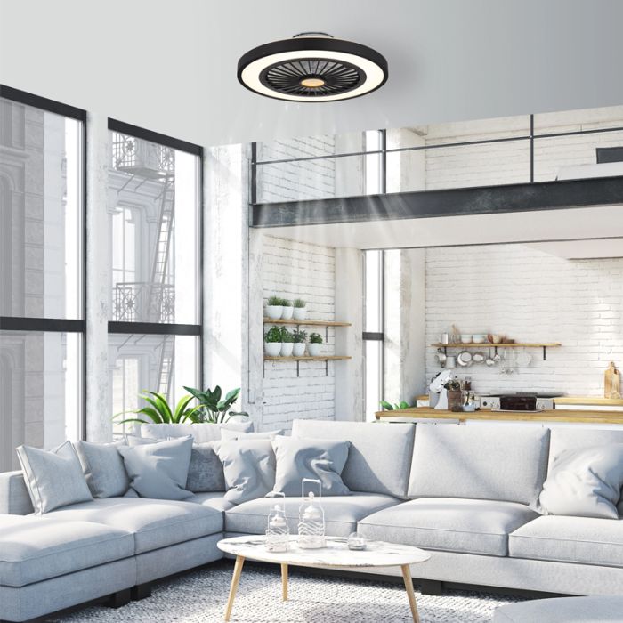 Ventilateur de plafond noir en plastique, Komal, 45W, blanc chaud à froid réglable LED, avec télécommande