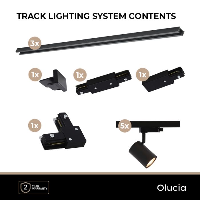 3M système d'éclairage sur rail monophasé noir avec connecteur fixe en L + 5 Elena spots sur rail