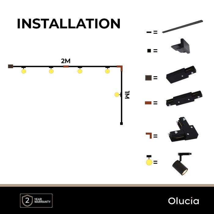 3M système d'éclairage sur rail monophasé noir avec connecteur fixe en L + 5 Elena spots sur rail