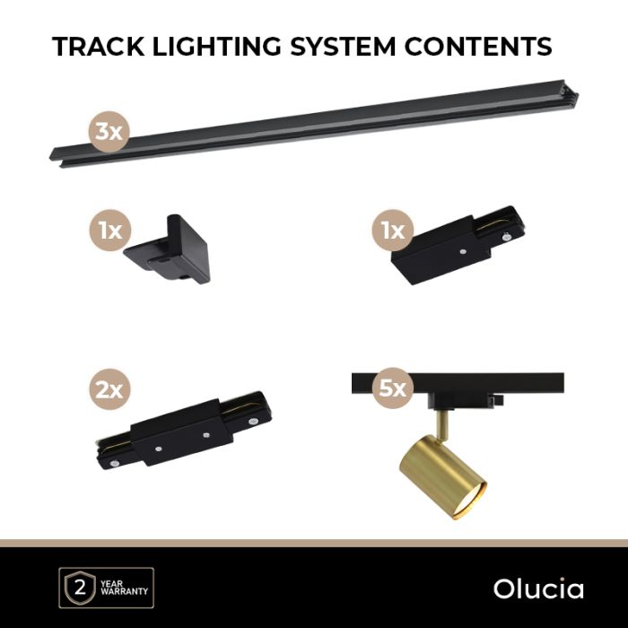 3M système d'éclairage sur rail monophasé laiton + 5 Elena spots sur rail