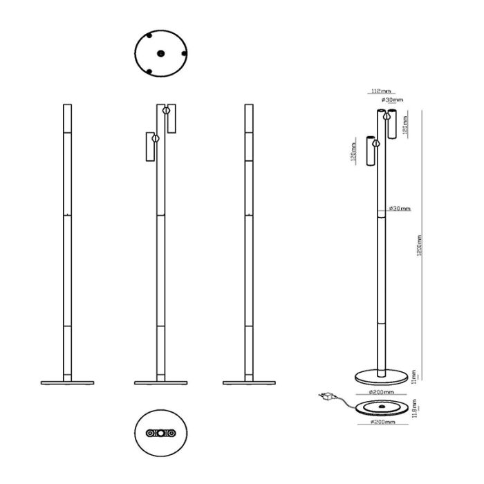 Lampadaire rechargeable moderne noire, Antrim, 2,2W, 2700K LED, IP54, avec variateur tactile