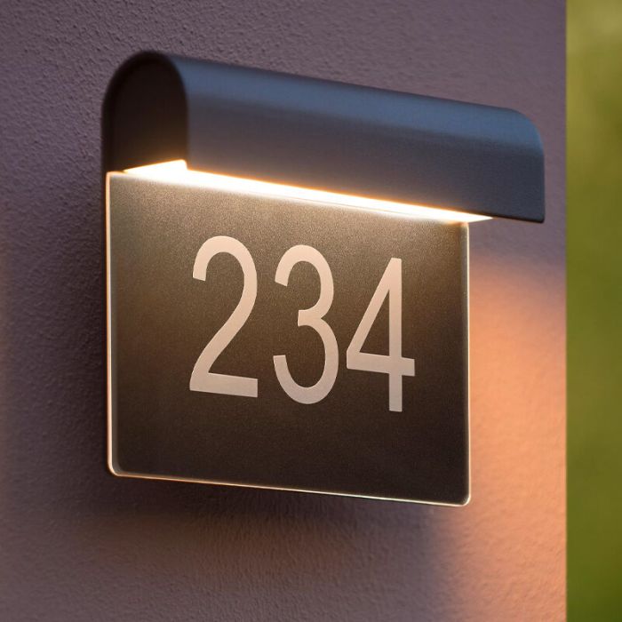Numéro de maison lumineux moderne noir, Thesi, 6W, 3000K LED, IP54