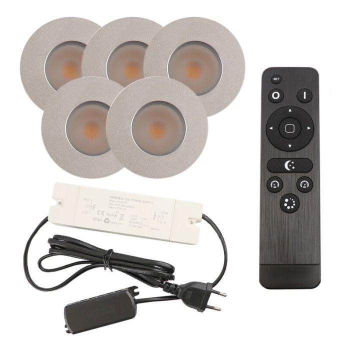 5 spots encastrés veranda chromé Dico, IP65, avec kit de connexion et télécommande