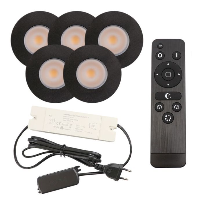 5 spots encastrés veranda noir Dico, IP65, avec kit de connexion et télécommande