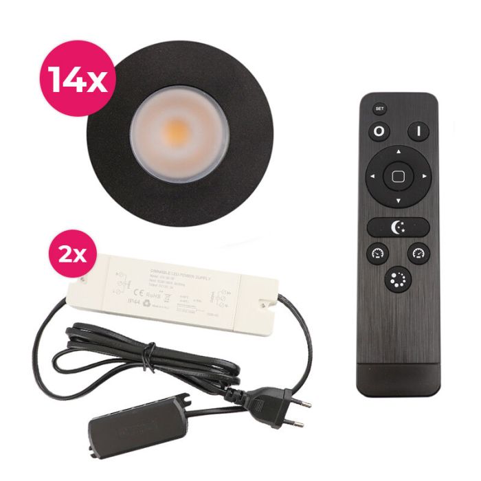 14 spots encastrés veranda noir Dico, IP65, avec kit de connexion et télécommande