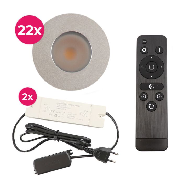 22 spots encastrés veranda chromé Dico, IP65, avec kit de connexion et télécommande