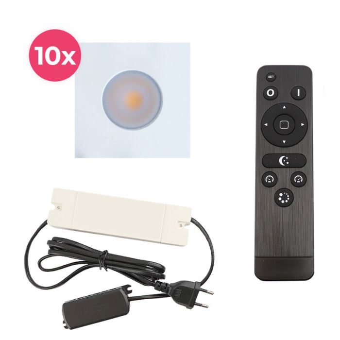 10 spots encastrés veranda carrés blanc Dico, IP65, avec kit de connexion et télécommande