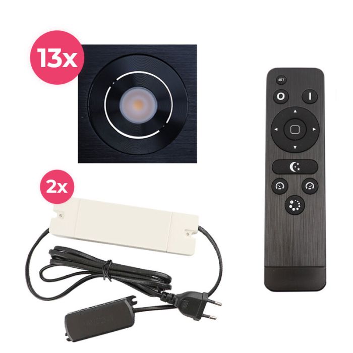 13 spots veranda orientable Rona carré, IP44, avec kit de connexion et télécommande, noir