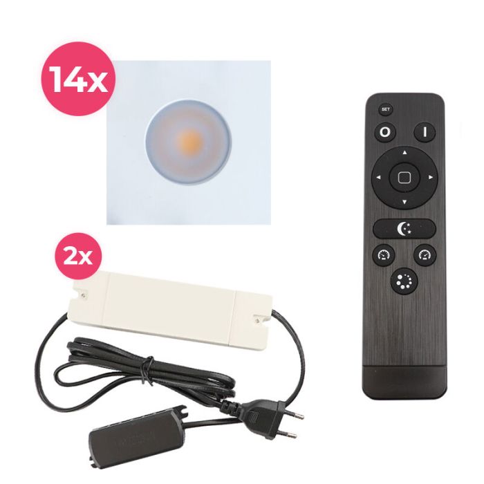 14 spots encastrés veranda carrés blanc Dico, IP65, avec kit de connexion et télécommande