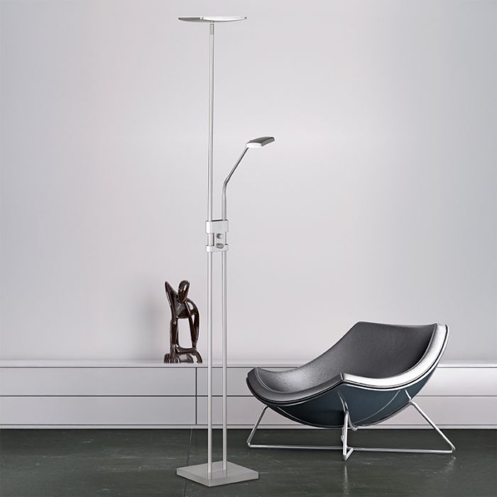 Lampadaire moderne nickel, Simon, 15W, 3000K LED, avec interrupteur