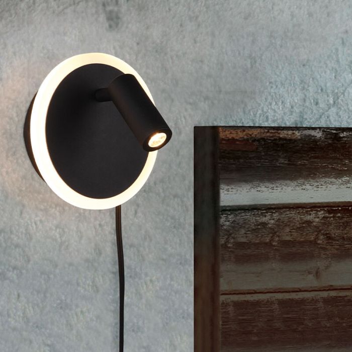 Applique murale moderne noire, Sirias, 5W, 3000K LED, avec interrupteur