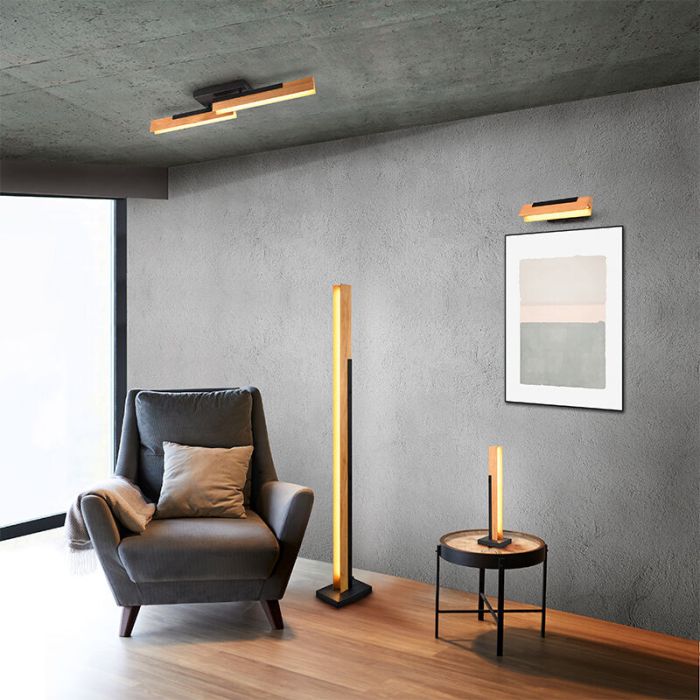 Lampadaire en bois marron, Neville, 16W, 3000K LED, gradable en 3 étapes