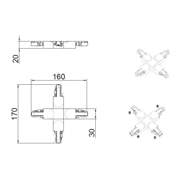 Connecteur croisé pour éclairage sur rail biphasé, plastique, noir