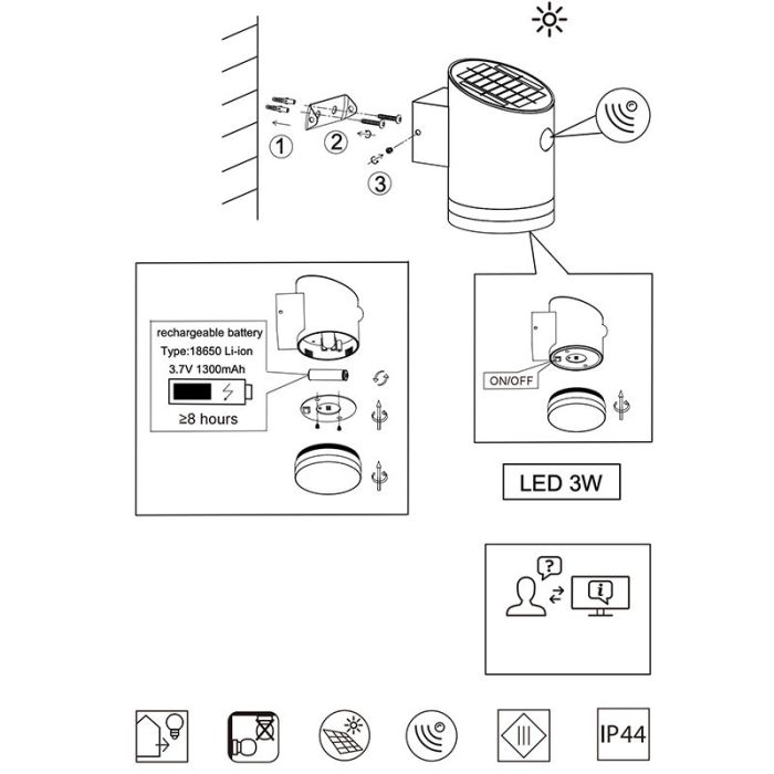 Applique extérieur avec détecteur de mouvement moderne anthracite, Suzan, 3W, 3000K LED, IP44