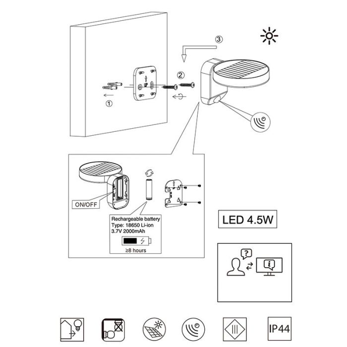 Applique extérieur avec détecteur de mouvement moderne anthracite, Sunny, 4,5W, 3000K LED, IP44