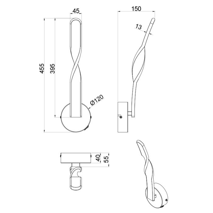 Applique murale design noire, Quirinus, 11W, 4000K LED, avec interrupteur