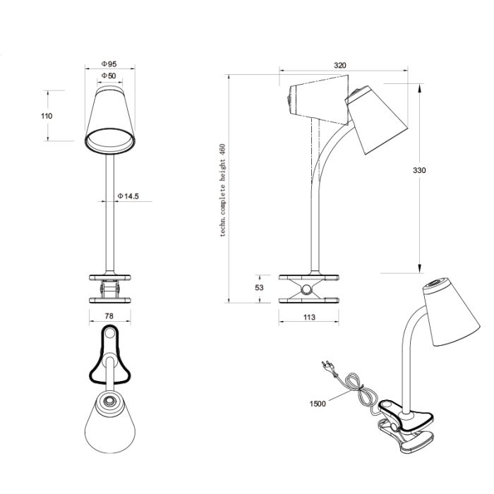 Lampe à pince moderne noire, Rahul, 4,5W, 3000K LED, avec interrupteur