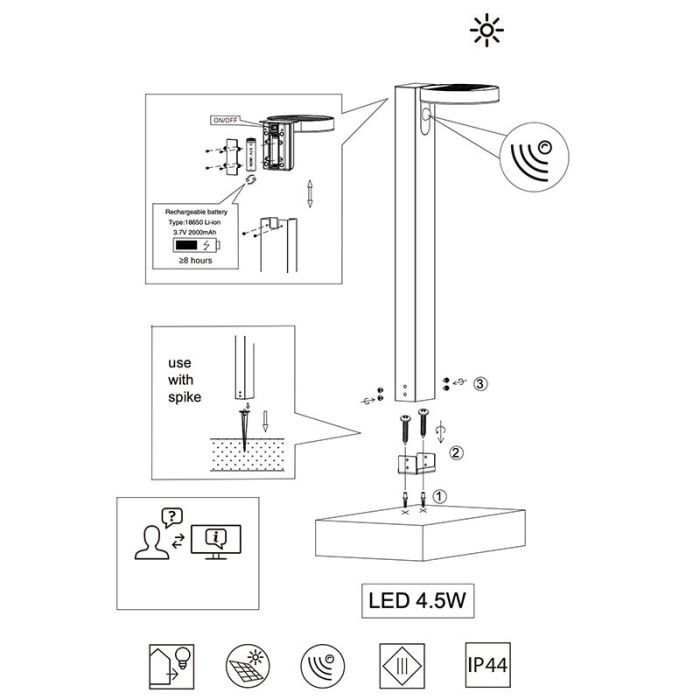 Lampadaire extérieur solaire moderne anthracite, Sunny, 4,5W, 3000K LED, IP44