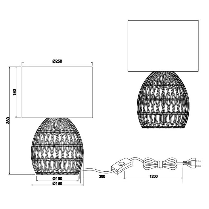 Lampe de table en rotin blanche, Symon, avec interrupteur