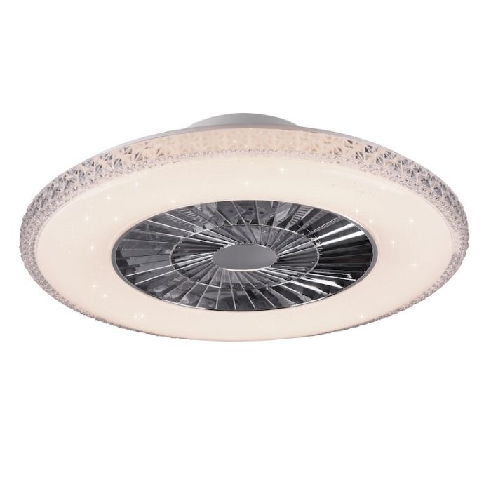 Ventilateur de plafond design chromé, Damon, 40W, blanc chaud à froid réglable LED, avec télécommande