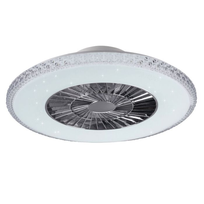 Ventilateur de plafond design chromé, Damon, 40W, blanc chaud à froid réglable LED, avec télécommande