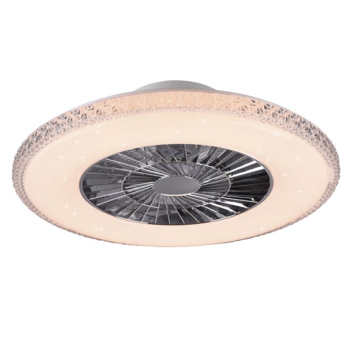 Ventilateur de plafond design chromé, Damon, 40W, blanc chaud à froid réglable LED, avec télécommande