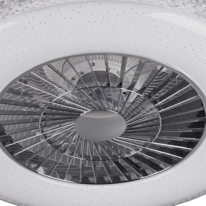 Ventilateur de plafond design chromé, Damon, 40W, blanc chaud à froid réglable LED, avec télécommande