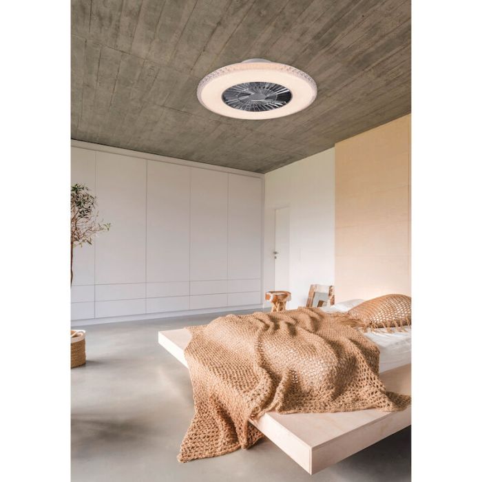 Ventilateur de plafond design chromé, Damon, 40W, blanc chaud à froid réglable LED, avec télécommande