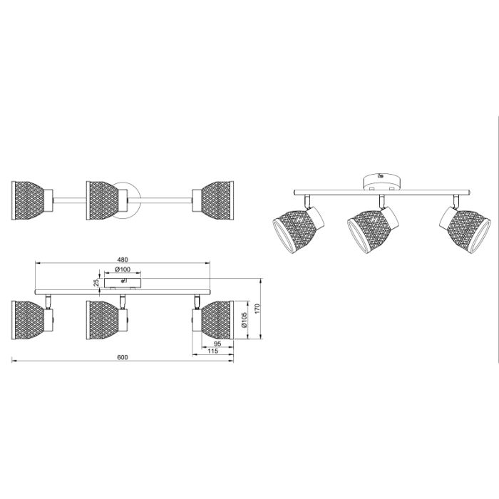 Spot plafond en rotin marron, Laut